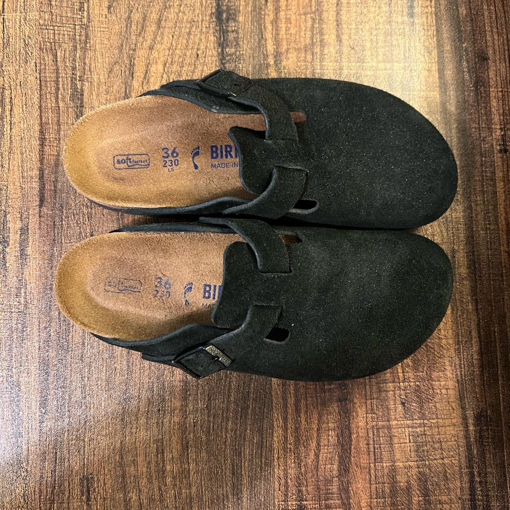 Black Suede Birkenstock Boston Clogs